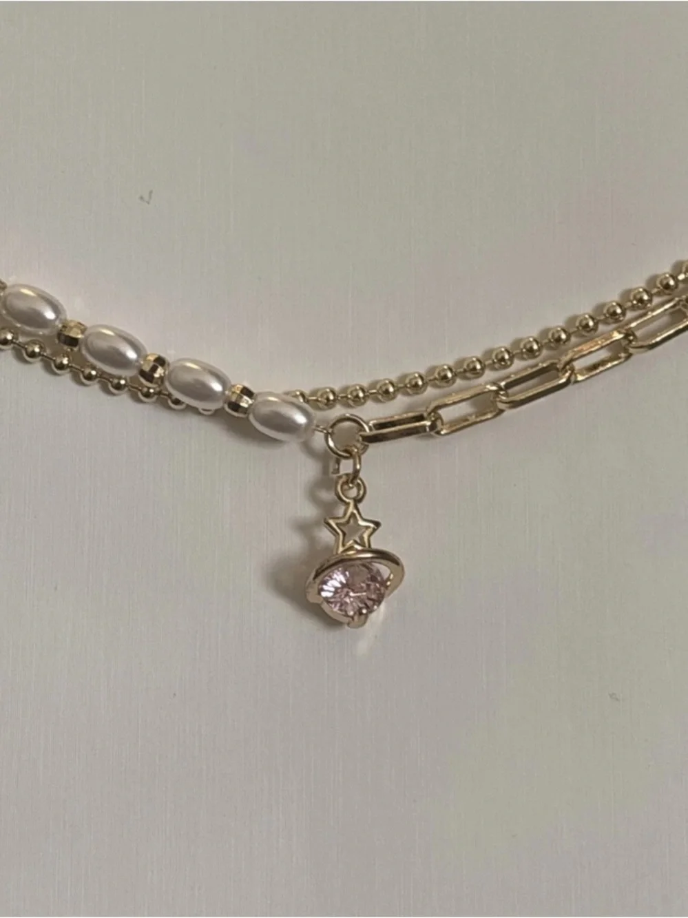 Gold Plated Layered Bracelet Faux Pearl Chain Pink CZ Celestial Charm Adjustable - Picture 4 of 11
